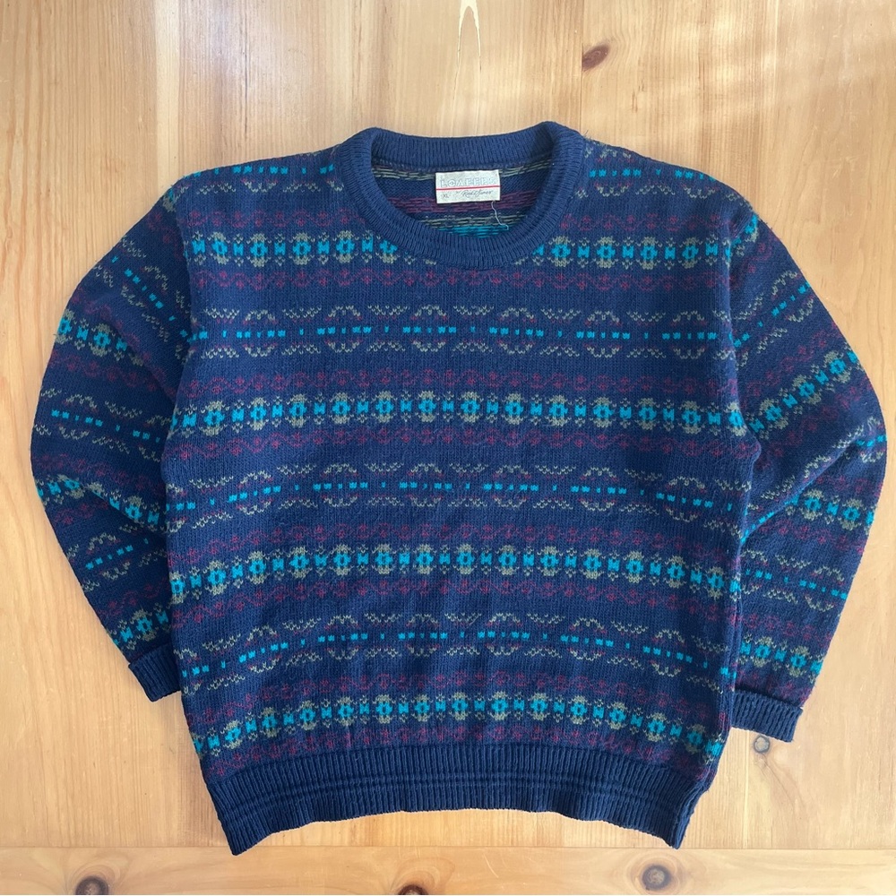80s Loafers by Reid & James Sweater XL Navy Multicolor Fair Isle Acrylic Knit